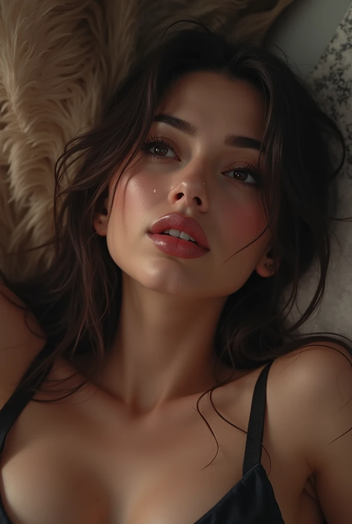 (((A tall and slender woman from Russia wears white pajamas))), ((She lies on the bed in the hotel room and sleeps)), ((Her eyes are closed)), ((Her head is on a pillow)), ((She smiles a little)), black long hair, extremely detailed, 8yk, raw photo, high level of detail, (ray tracing), (masterpiece), (best quality), high resolution, (realistic: 1.4), physically based representation, ultra-realistic, full body, natural light, double eyelids, ((detailed realistic face and eyes)), cinematic lighting, 8K resolution, (natural skin texture)