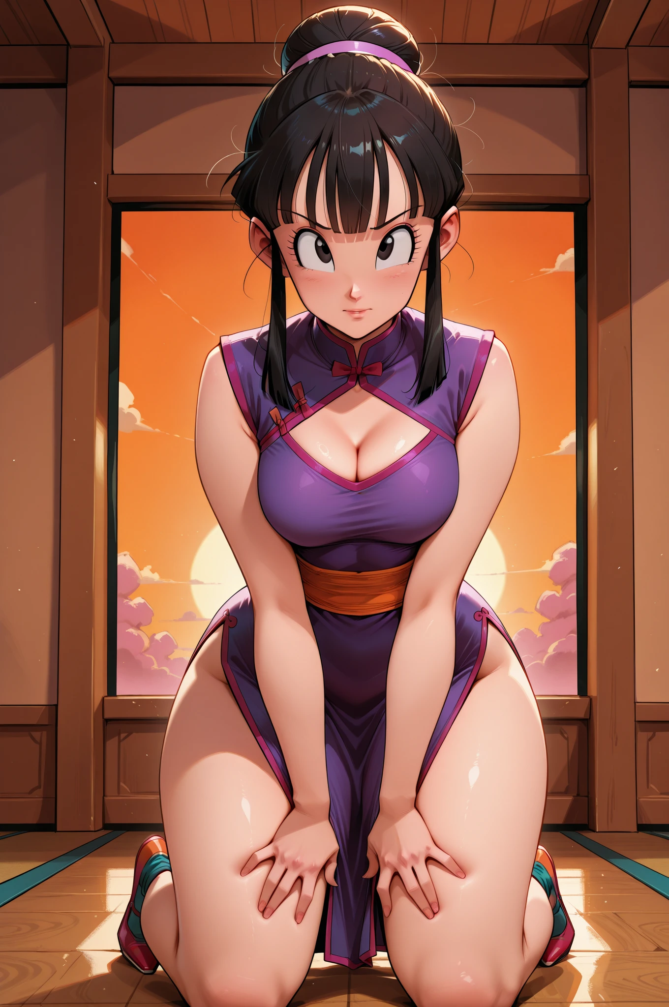 (16 K, Raw photo, Best Quality, masterpiece:1.2), (High resolution, Photorealistic:1.37),((1girl in)), (mature, milf, yellow_China_Dress, Purple_neckerchief, Chichi_DBZ, black_eyes, black_hair, hair_bun, huge_breasts, jewelry, earrings, ponytail, yellow Chinese_clothes), Portrait, Professional Lighting, Photon mapping, Physically-based rendering, Lens 135mm, (abandoned houses:1.1, squatting and opening legs:1.3), Detailed face, Detailed skin, Beautiful lips, (Perfect slim body style:1.1, Full body shot:1.1, Colossal tits:1.5, Exposed shaved armpits:1.15), badhandsv5-neg, (Photorealistic:1.2), High detailed skin, Puffy eyes, Black hair, updo hair,