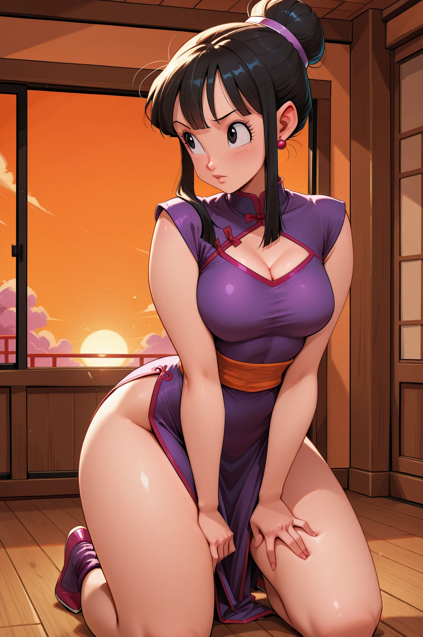 masterpiece, best quality, highest quality, perfect anatomy, perfect face, perfect eyes,
1girl, dbzch1ch1, sidelocks, bangs, single hair bun, hair bun, (black eyes), orange pashmina wrap, red sphere earrings , red wristbands, purple cheongsam, sexy pose, sexy legs