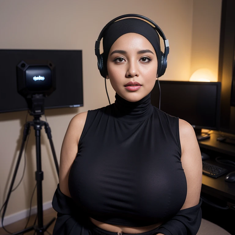 Highest quality, ultra-detailed, 1 dj women, hijab, wearing headphones Malaysian artist sarah suhairi showing bigtit and thic body fully naked at white room
