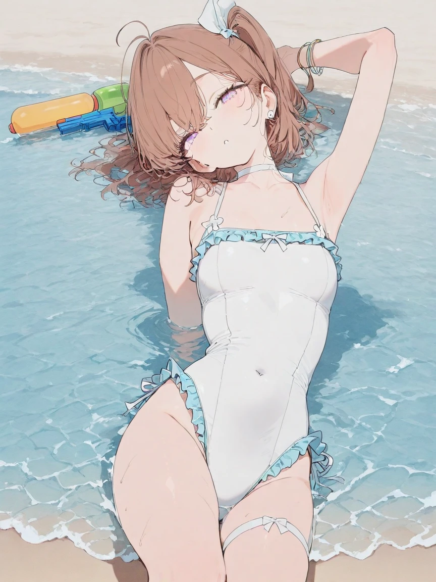 masterpiece, top quality, bewitching poses, full body wide angle, sitting, selfie, blush, sweat, small breasts, silence suzuka \(umamusume\), see through frilled bra and frilled panties, poolside, night