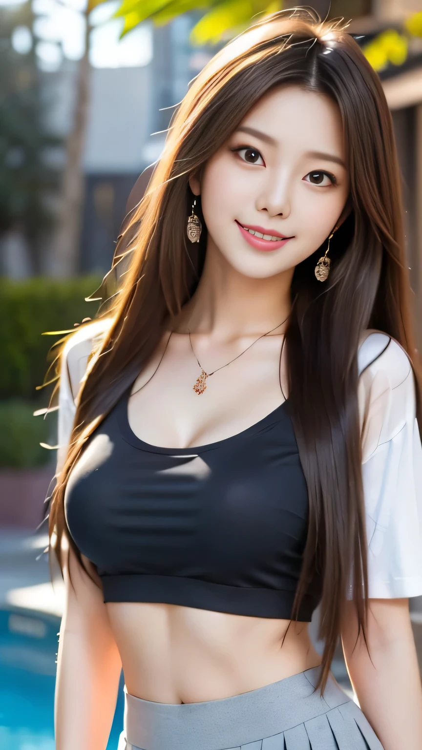 vests, ​masterpiece, hight resolution, 1 rapariga, red blush, (seducting smile: 0.8), hairaccessories, a necklace, jia, Tindall Effect, 真实感, Light Edge, Two-tone lighting, (highdetailskin: 1.2), 8K Ultra HD, Digital SLR, hightquality, volume illumination, Sneak Peek, a picture, hight resolution, 4K, 8K, Background bokeh, Gorgeous clothes, 耳环, 35 mm, High Detail Hair, The upper part of the body, Bust, portlate, Ultra-clear face, (by lake、Pasture)、Huge chest on the verge of bursting、Lively poses、
