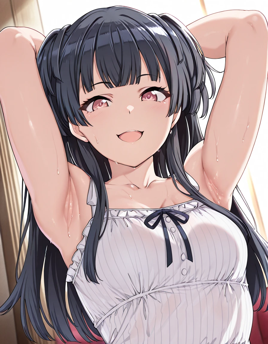 ((masterpiece, best quality)), high resolution,ultra detailed,8k,16k,detailed background, perfect lighting,detailed beautiful eyes, 1girl,solo,embarrassed,blush,in heat,look at viewer,face focus,(steam,sweat,from front,upper body:1.2),provocative eyes,wavy mouth,open mouth,confused,fisheye lens,(show off armpits,arms up,nude,cum on armpits:1.3),long nipple,
,(short_stature,dwarf,kawaii),{matoba_risa_theidolmastercinderellagirlsu149:1.15}, black_hair, long_hair, twintails, yellow_eyes, ribbon, hair_ribbon, jewelry, necklace, hair_between_eyes,flat_color,child_body,pale skin,in house,randoseru,