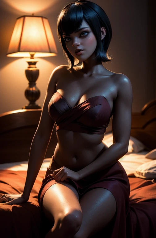 a beautiful woman with dark skin, red bob haircut, expressive blue eyes, wearing white lace lingerie, in a bedroom setting with a sexy, erotic atmosphere, (best quality,4k,8k,highres,masterpiece:1.2),ultra-detailed,(realistic,photorealistic,photo-realistic:1.37),portrait,chiaroscuro lighting,dramatic lighting,cinematic,dramatic colors,rich colors,glowing skin,detailed facial features,sensual,alluring, intricate details,dramatic lighting,cinematic composition,sensual,captivating expression,alluring. HDMI, HDRI, UDHD,((Diffuse effect)), ((volume effect 1.1)), ((Depth of field 1.1)), ((fisheye lens)