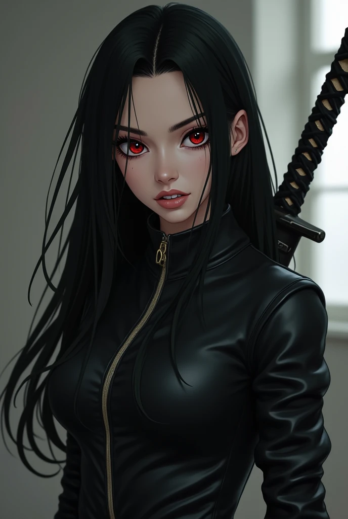 Amy lee, 1 woman, beautiful girl, long black hair, shiny, red eyes, looking at the viewer, full body framed, ninja, ninja woman, sensual ninja, dangerous ninja, very realistic light skin, wearing ninja outfit, pants, with black metal parts with sparkle, sword in hand, night, in the shadows, sneaking around