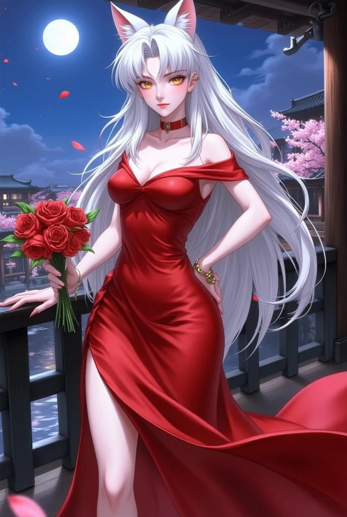 a close up of a woman in a red dress with roses, extravagant dress, 8k highly detailed ❤🔥 🔥 💀 🤖 🚀, dressed beautiful gown, wearing a wonderful dress, red dress, detailed dress and face, all red, beautiful gown, gown, elegant red dress, red, wearing a wonderful dress, exquisite digital illustration,The most beautiful woman in the world、white hair、white eyes、best style、beautiful legs、whole body