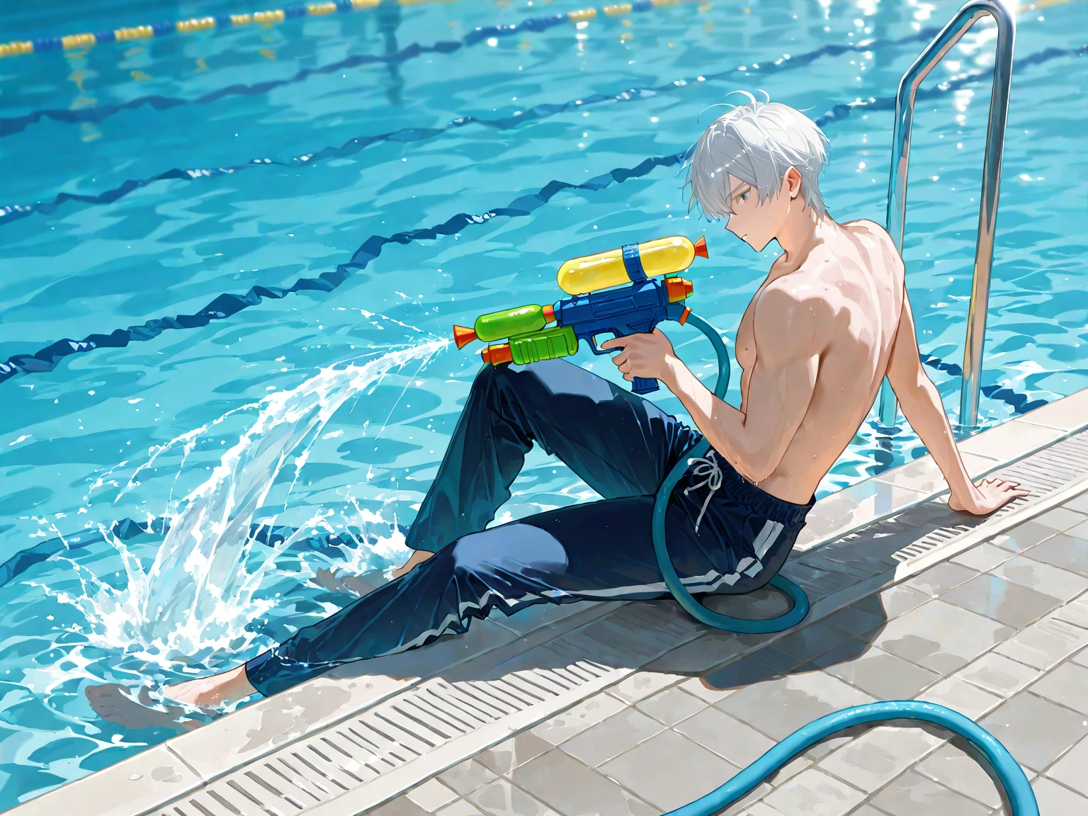 (hyper-realistic digital illustration), hires, best quality, underwater world, wide angle, swimming, athletic body, male, iridescent skin, flat chest, silver eyes, green hair styled in spikes, determined expression, bioluminescent lighting