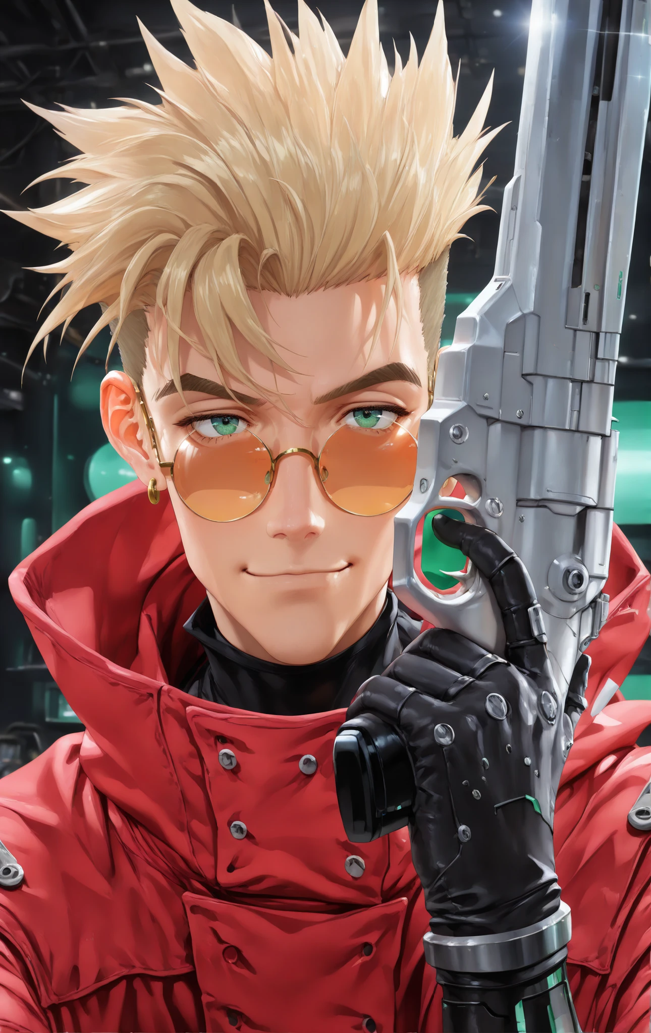 (masterpiece:1.35), (very aesthetic, best quality:1.3), highly detailed, dark environment, backlit, absurdres, close-up view, hyperdetailed realism, addmicrodetails, realistic 3d artstyle, detailed shading, realistic clothing and textures, solo, looking at viewer, 3d anime style, anime style, 1man, slender, blonde, half-buzzcut, swept bangs, emerald eyes, fit, one earring, bold eyebrows, black turtleneck undershirt, red coat, large coat, hood down, one rolled sleeve, one robotic arm, cyborg, portrait, waist-up view, facing viewer, happy, green glasses, round framed glasses, vash, Trigun stampede, handgun,