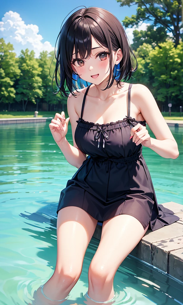 negative space, shuimobysim, Kizi, Woman,bared shoulders, (ecchi0.5), lips, water splash, (trees:0.5), (flowers:0.6) ,(birds:0.2), (bamboo0.1), lakes, Hangzhou, bonian, bonian in background   