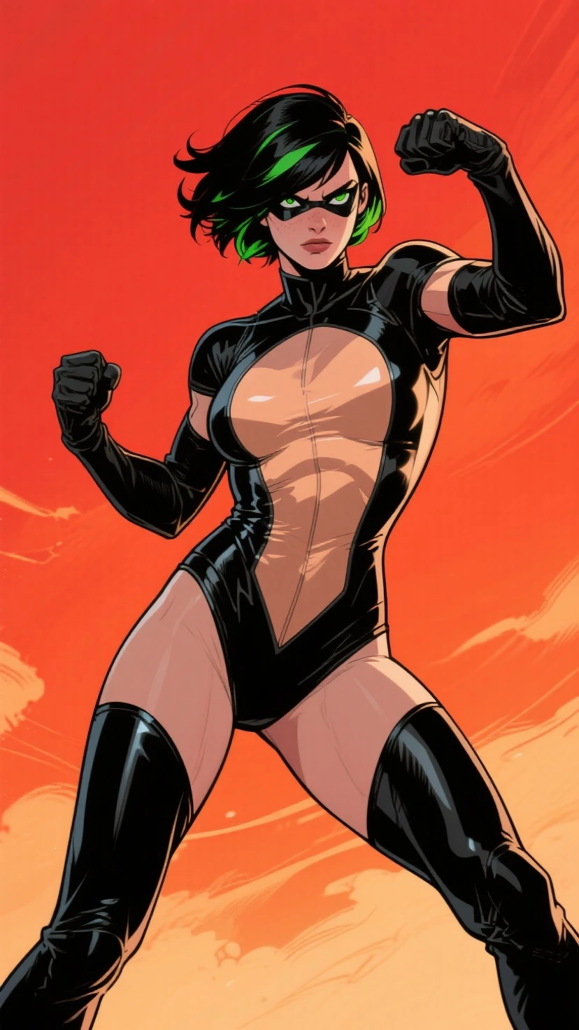 A gorgeous Latina superheroine mutant with short black hair, green skin, scaly skin, golden eyes, wearing a (black and orange leotard, thigh-high boots, long gloves). Fire powers.