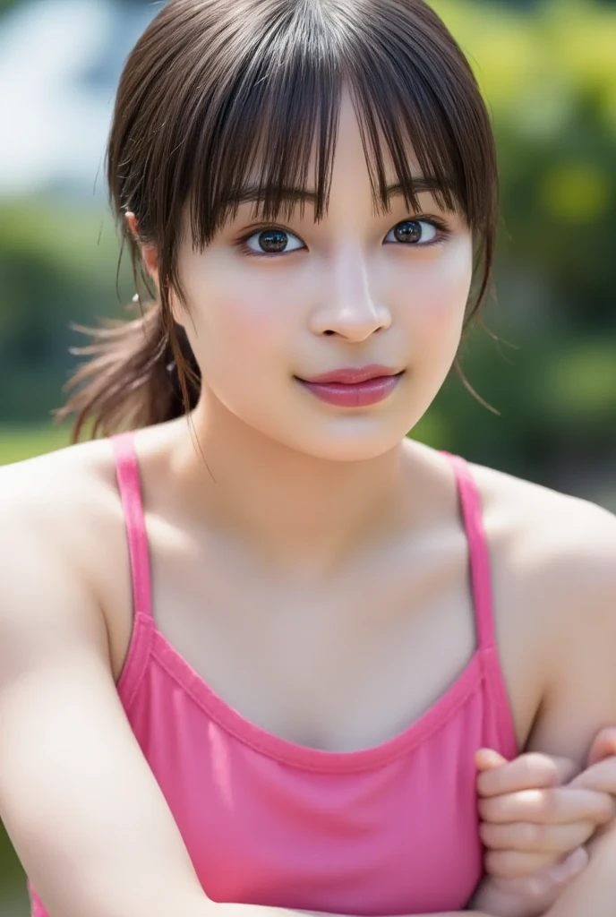 closeup shot , Best picture quality (8K, high resolution, Masterpiece: 1.2), super detailed, 215 Short Hair, 16-year-old woman,
situation: A scene of a person doing yoga on a yoga mat on the grass in a park。
clothing: Yoga Wear(Tank tops and leggings、Yoga socks)。Put your hair in a bun or ponytail。
angle: Taking advantage of the lush green background、Yoga poses photographed at wide angles。A slow-motion close-up of a quiet breathing movement。A relaxed look and、Emphasizing the pose in the morning sun。
Close-up of face
, random cute pose ,big eyes ,Puffy eyes , Heart Pupil, blush , huge shy smile , salute