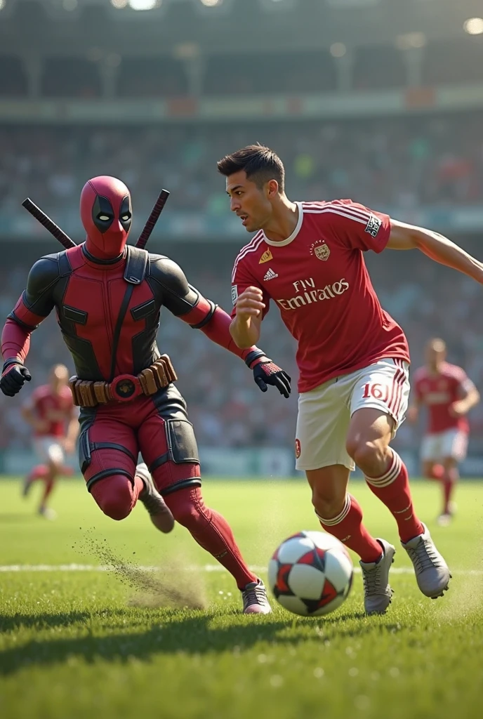 Deadpool scoring a bicycle kick in the Champions League final with Captain America in his underwear as the goalkeeper.