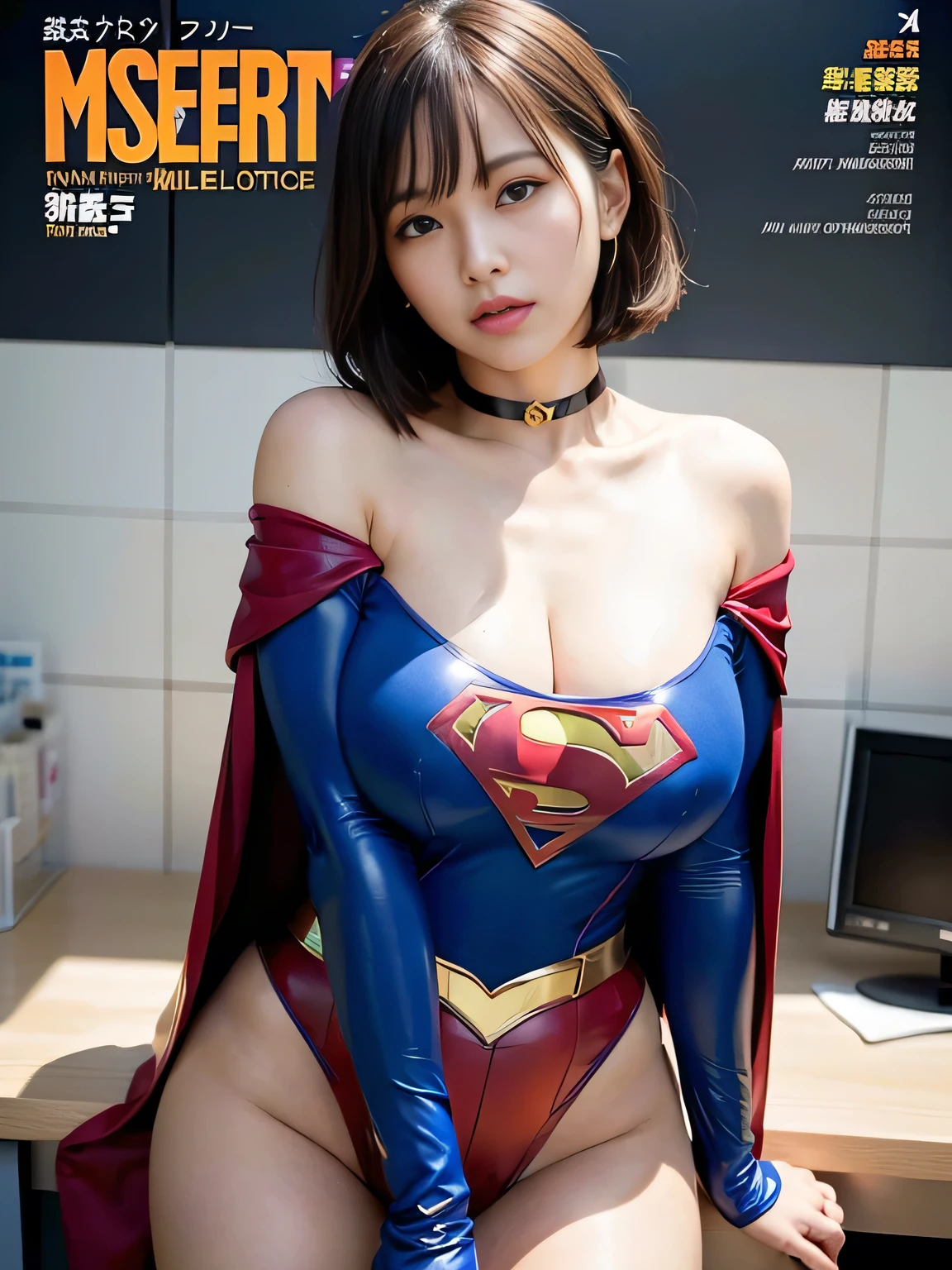 masterpiece、Shorthair Supergirl、big and full breasts、look at the camera、shiny costume、choker、red mini skirt、long sleeve、Magazine cover style、obscene pose、Seduce