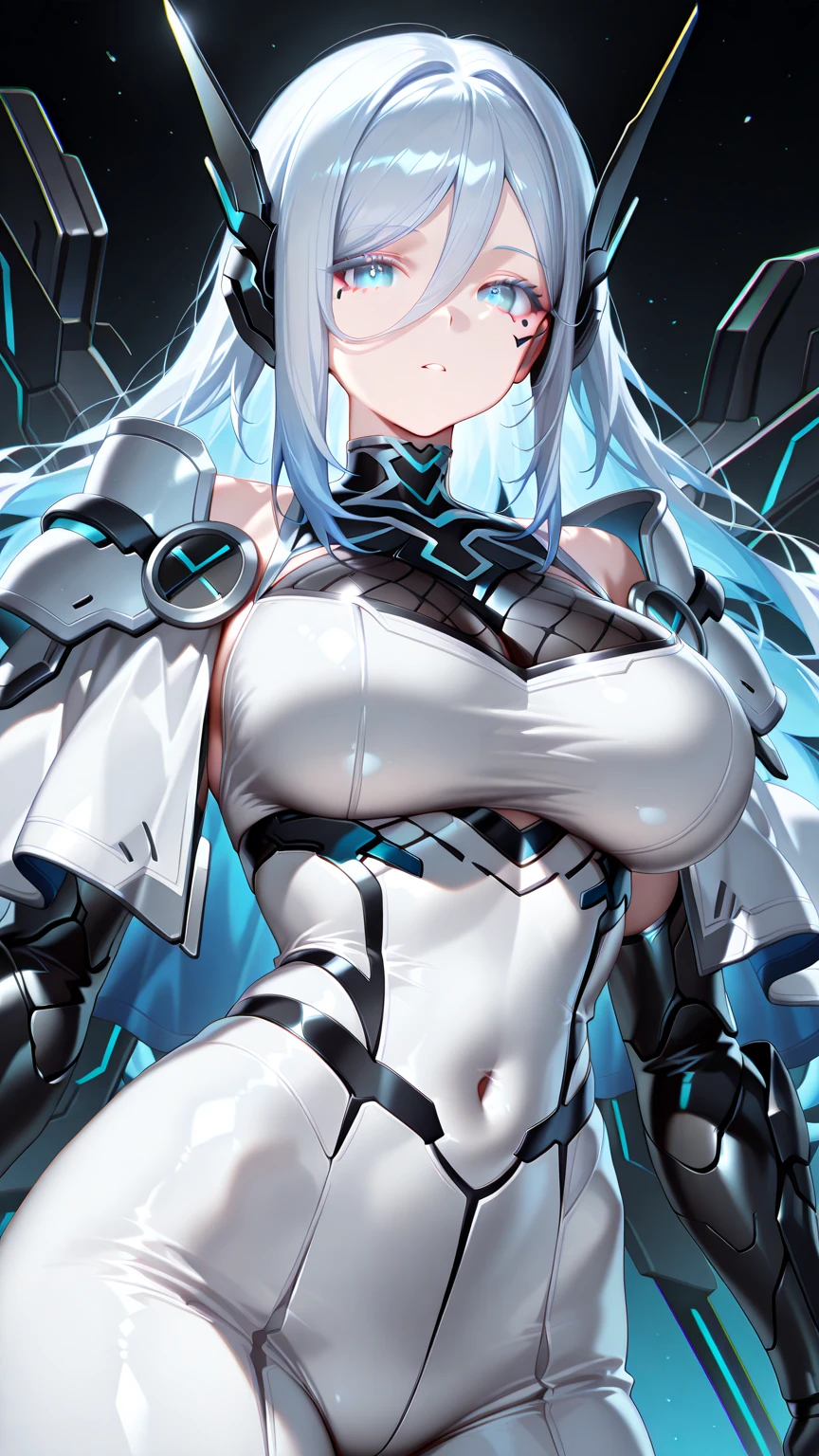 Magical style,Armor in medieval style,LED armor,Fluorescent armor, solo person, Solo,(gigantic breasts:1.3),European knights,machine girl,Cover your entire face,Full cover mask,blindfolds,Black iron boots,Black hand armor,Full body like,Stand at the night of the aurora,Walk in the wilderness,white backgrounid,simplebackground, technological background,