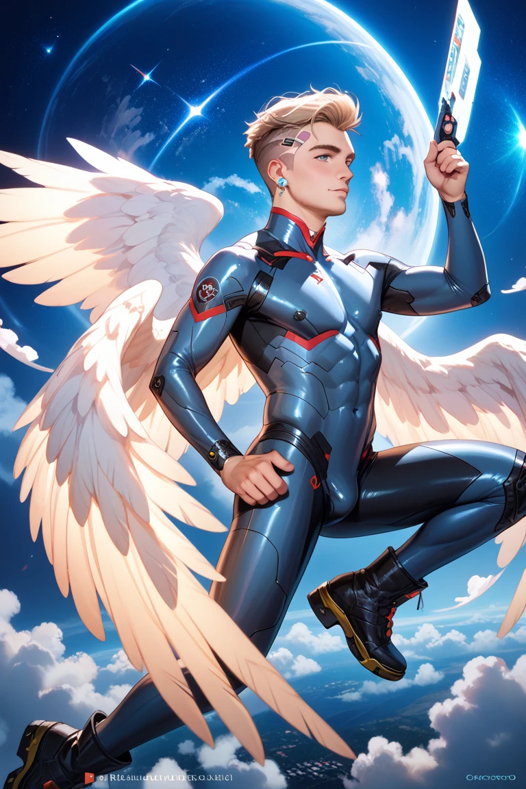 American classic comic book art: Male body, Angel X-men, handsome young man, short yellow-blond hair beautiful curls, wears technological bright red white helmet, tight white red hero bodysuit, white gloves, naked big butt, beautiful thighs, beauty tanned face, very young face , male body ,peach lips, white sleeves, tight red bodysuit, red male chest, prancing, white tech bracelets, spy, red stockings, nice showing butt, gold, ethereal comic book