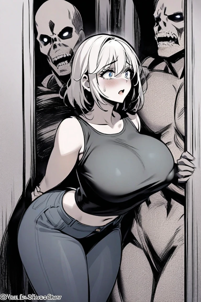 An ugly black boy with a pompadour and big teeth holding the hand of a blonde girl With giant breasts
