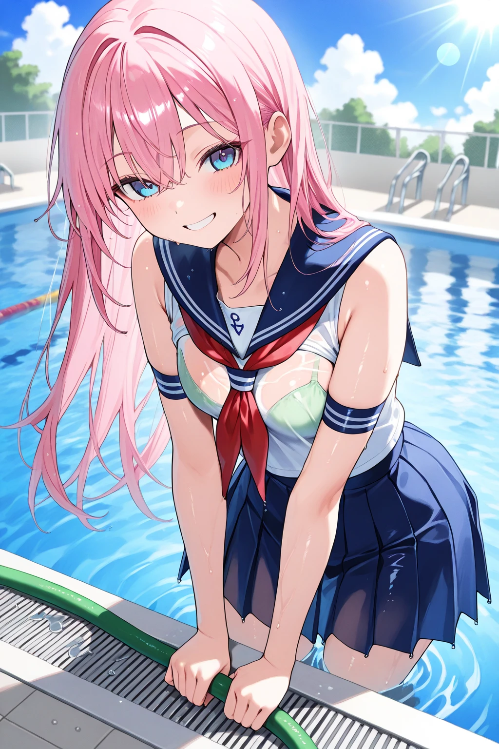 Best Quality,Beautiful Eyes,Very cute face,Beautiful Anime Girl,(Solo Girl),(gigantic breasts:1.5),(large breasts:1.2),(huge breasts:1.2),(big breasts:1.2),(mega breasts:1.2),(Pink hair),(low twintails:1.4),(Light blue eyes),Very happy smile,BREAK,(Wet sailor suit,Short sleeve,Wet pleated skirt,Wet Hair,Wet body,Covered breasts:1.3),BREAK,Body dripping with water,Blushing,Shy expression,Cowboy Shot,Dynamic Pose,Dynamic Angle,School poolside