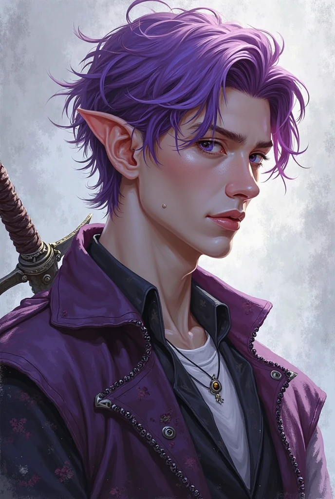 A young man with pink and purple eyes short wavy black and white hair with pink and purple tips and wears a normal blouse and has a simple scarf and a necklace with a skull pendant