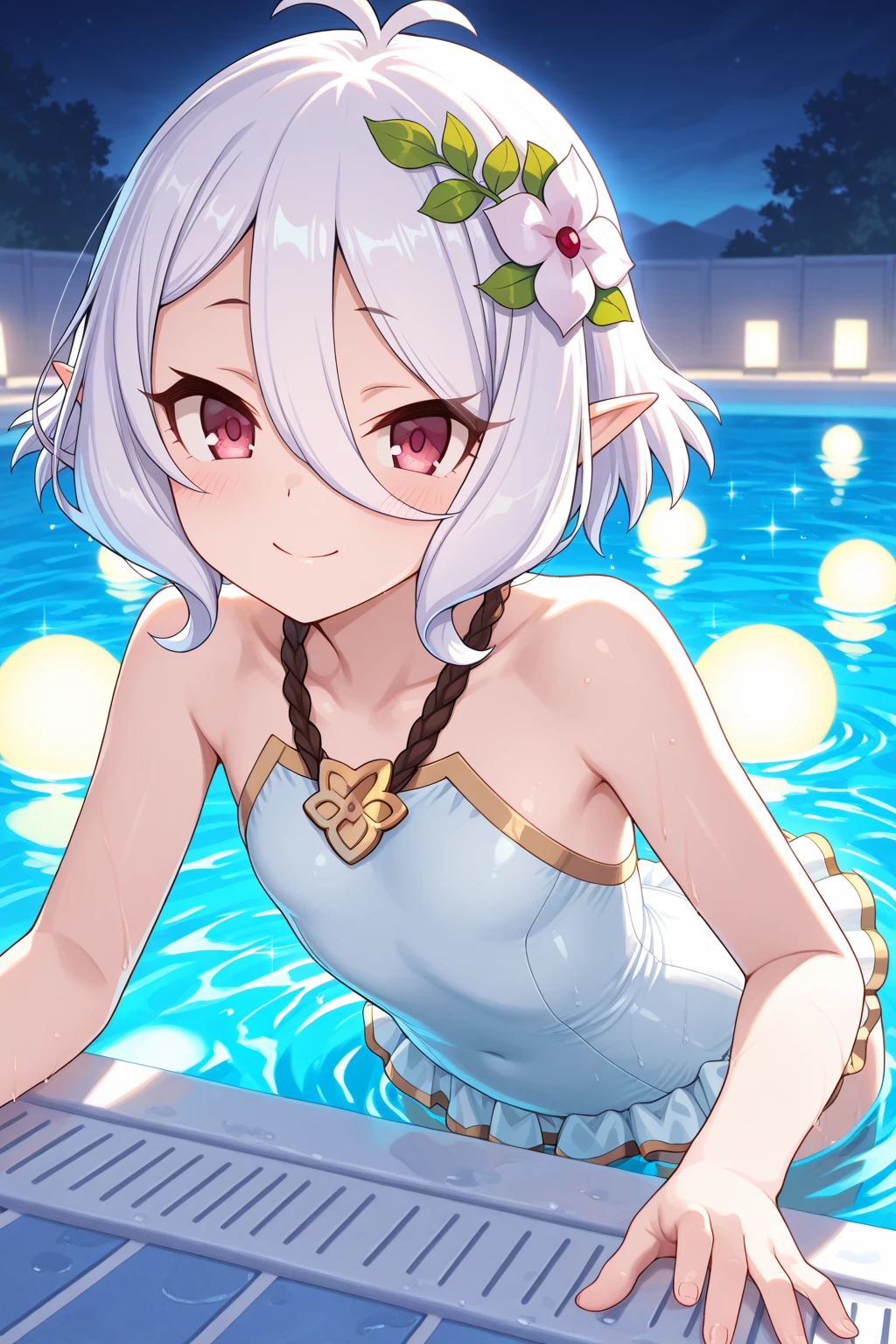 ((masterpiece)), ((best quality)), (ultra-detailed), anime style, pool, a cute girl, 1girl, solo, ((beautiful eyes)), smile, bikini00,