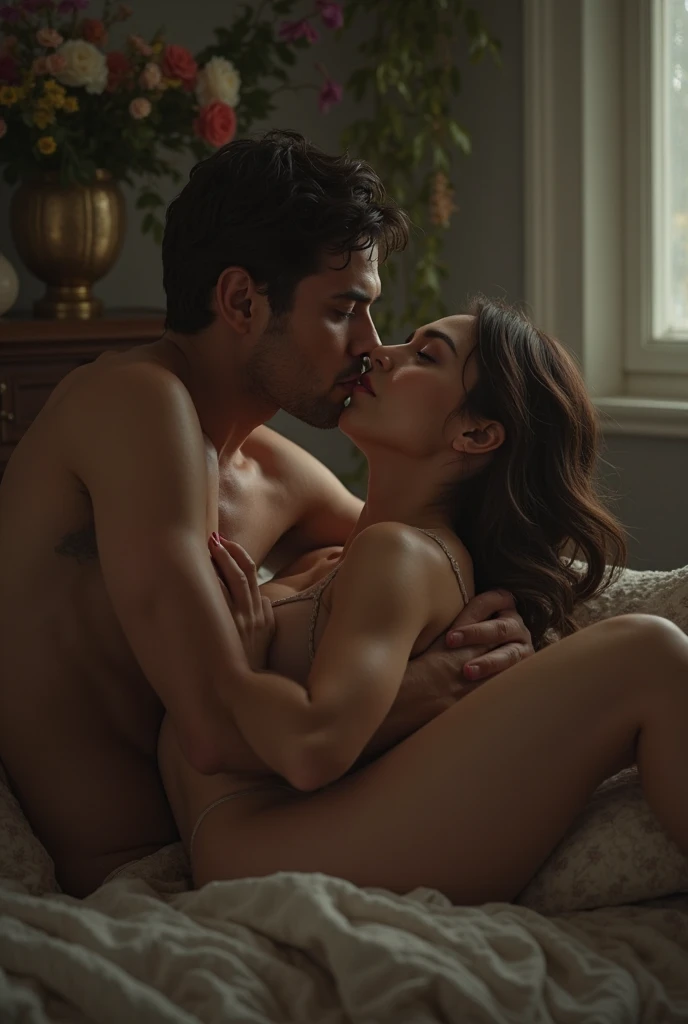(a) Apaixonado embraCe, homem e mulher, olhar profundo, intimate ConneCtion, loving touCh, macio affeCtion, romantiC atmosphere, Cozy ambienCe, Candlelit room, soft musiC, sussurros suaves, hands interlocked, riso compartilhado, heartfelt Conversations, beijos roubados, slow danCe, sparks of desire, magnetiC attraCtion, amor atemporal, Eternal Bliss

(b) (melhor qualidade, high resolution, masterpieCe:1.2) vivid Colors, tons quentes, soft lighting, Brilho sonhador, intimate shadows, atmospheriC baCkground, floral deCor, Champagne glasses, folhas de seda, laCe lingerie, dress elegantly, Flores, rose petals, intoxiCating perfume, Apaixonado energy, momentos sensuais, desejo em seus olhos, fire in your hearts, amor eterno

(C) [dramatiC], [romantiC], [intenso], [macio], [sensual], [intimate], [Apaixonado], [Lindo], [emocional], [realistiC,photorealistiC,photo-realistiC:1.37]
