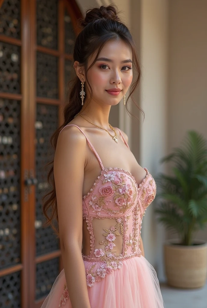 (full body shot) (masterpiece, best quality, extremely detailed 8k, ultra hd, ultra-detailed, highly detailed, highly realistic, photo realistic), (1girl:2.0), (beautiful realistic face, detailed realistic face), (high detailed realistic natural hair, beautiful realistic hairstyle), (beautiful realistic eyes, high detailed realistic blue eyes, proportional eyes, realistic pupils, high detailed pupils), (high detailed realistic natural eyebrows), (high detailed realistic lips, beautiful realistic lips, pink lipsticks), (upper body from head to thighs:2.0), (slender body:1.3), (clarity:1.1), extremely detailed realistic skin, sharp focus,