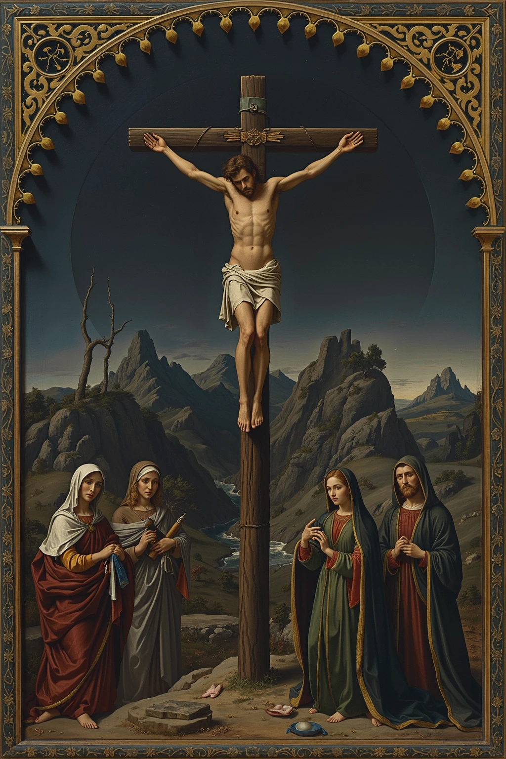 Jesus Christ nailed to the cross, bleeding with wounds on his hands and feet and a wound on his right side, with the Virgin Mary at the foot of the cross, also Mary Magdalene and the apostle Saint John. And two angels who collect the blood from the hands of Jesus Christ and from the side in golden cups.