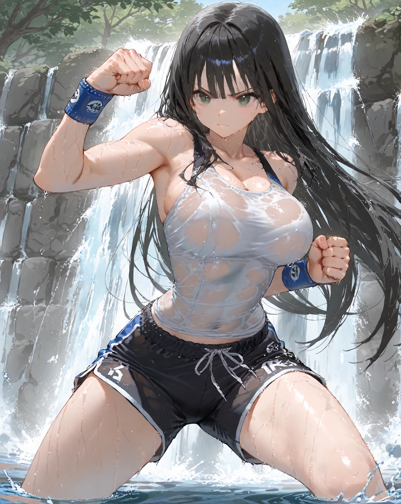 masterpiece, ultra-detailed, best quality, extremely detailed, 8k, high res, realistic, 1girl, 18yo, beautiful girl,BREAK,(voluptuous bust:1.3),(Gaunt , thin waist:1.2),BREAK,(Navel exposed:1.2),BREAK,pairon,Fighting Pose,