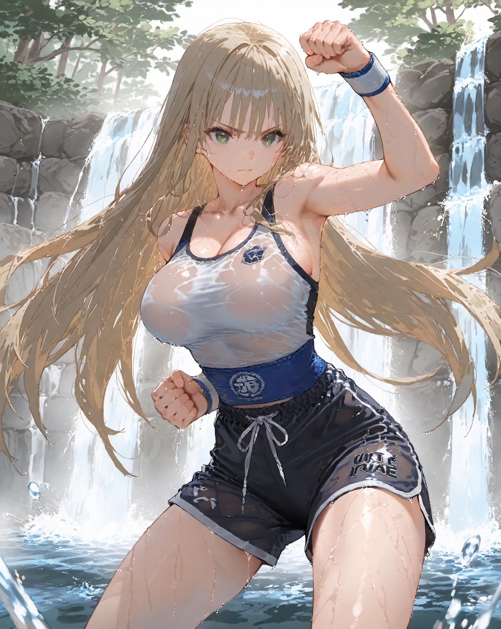 Anime style, super fine illustration, highly detailed, beautiful detailed, pale tone image, static representation, gentle expression, 8k, pretty 1girl with blonde straight short hair & blue eyes & a bright smile & huge breasts & soft fair skin is wearing the black skportswear  & sportshorts & sportsjaket in the park, in the morning, in the brilliant particles of lights, romantic stories, solo, perfect 5fingers, perfect arms, perfect legs, masterpiece.