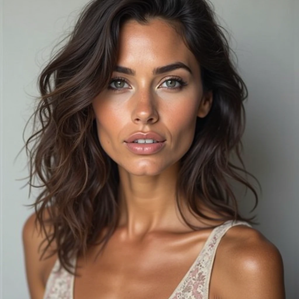 a gorgeous brunette woman (Cristy Ren), professional but fun, brown eyes, short brown wavy hair up or down. Dressed in a very open loose deep-low-cut shirt, Standing front facing outside, or in luxury, perfect make-up, cinematic, realistic, wavy hair, high contrast, visually rich, brown eyes, strong eyeliner, elegant, graceful, natural beauty, charismatic, versatile, photogenic, very detailed