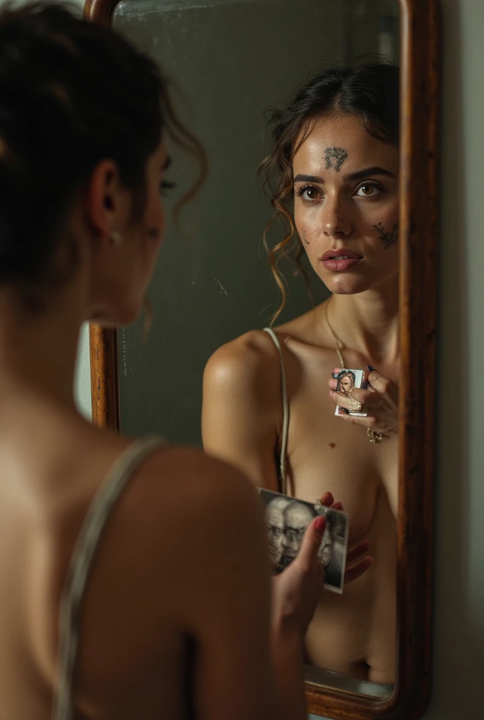 ((High definition, Masterpiece, 8k, Digital Photography, Digital Art)), ((Dark illumination)), contrast, white illumination, A gorgeous woman who is the embodiment of Gemini, sexy face, pale skin, tattoos, ((Looking at her own reflection)), stars at the sky, a great mirror as background
