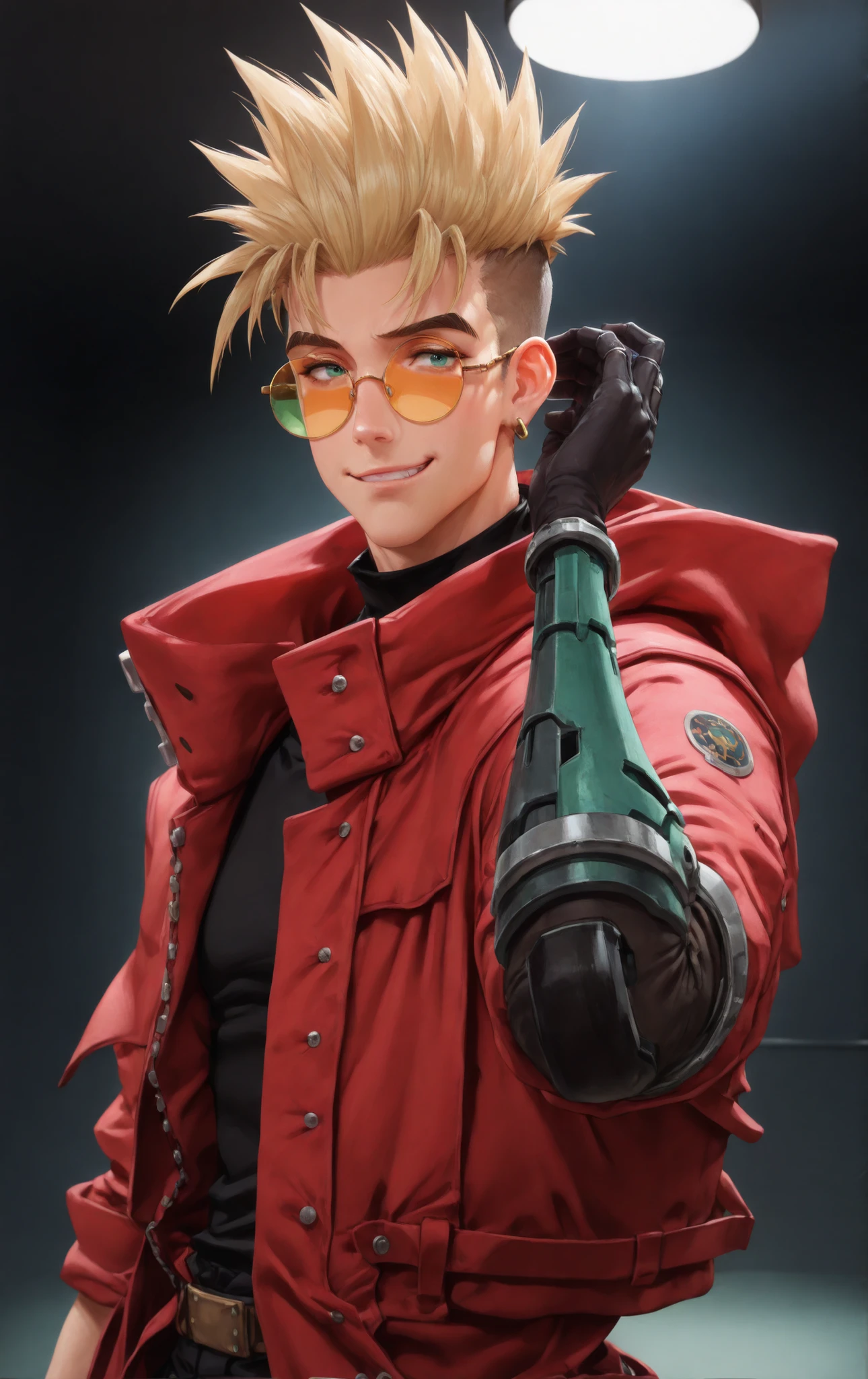 (masterpiece:1.35), (very aesthetic, best quality:1.3), highly detailed, dark environment, backlit, absurdres, close-up view, hyperdetailed realism, addmicrodetails, realistic 3d artstyle, detailed shading, realistic clothing and textures, solo, looking at viewer, 3d anime style, anime style, 1man, slender, blonde, half-buzzcut, hair up, emerald eyes, spiky hairstyle, fit, one earring, bold eyebrows, black turtleneck undershirt, red coat, large coat, hood down, one rolled sleeve, one robotic arm, cyborg, portrait, facing viewer, happy, green glasses, round framed glasses, vash, Trigun stampede, smirking, straps, belts, from side, fingers through own hair, open coat, belt, black pants,