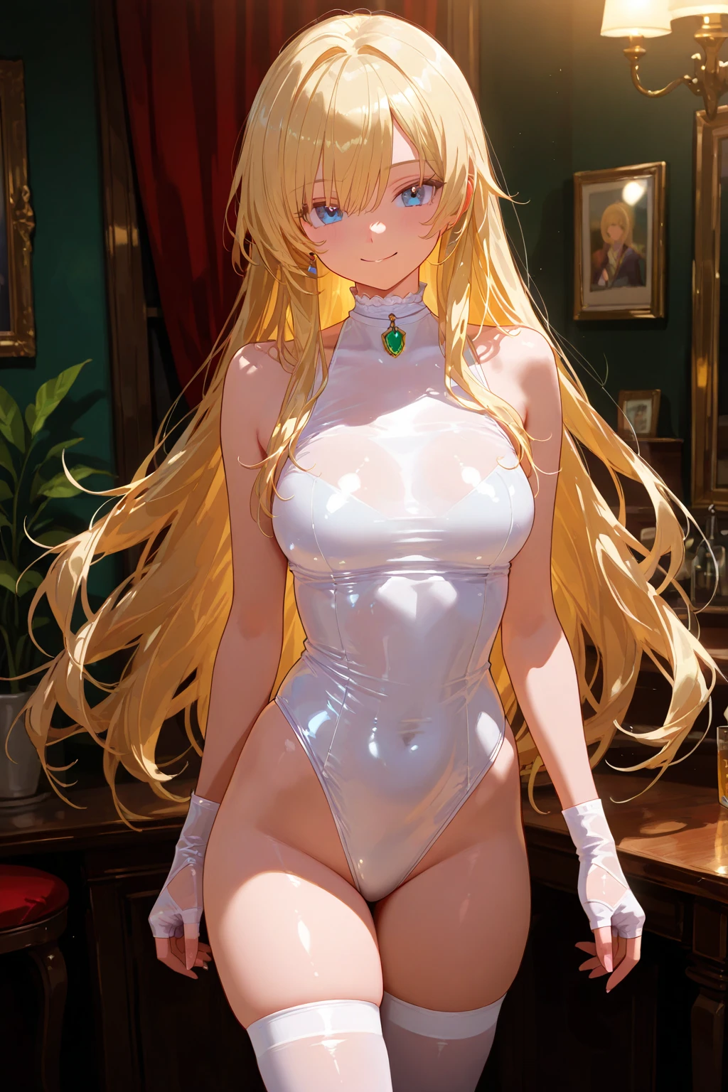 Usagi Tsukino,, 1 woman, Masterpiece, blonde hair, blue eyes, expressive eyes, female focus, beautiful woman, Playboy Bunny costume, Usagi Tsukino, (Masterpiece:1.0), (best quality:1.0), ( background 8k screen:1.0), (detailed beautiful face:1.0), (detailed deep eyes), long hair, thin waist, hip girl, thin legs, in a bar