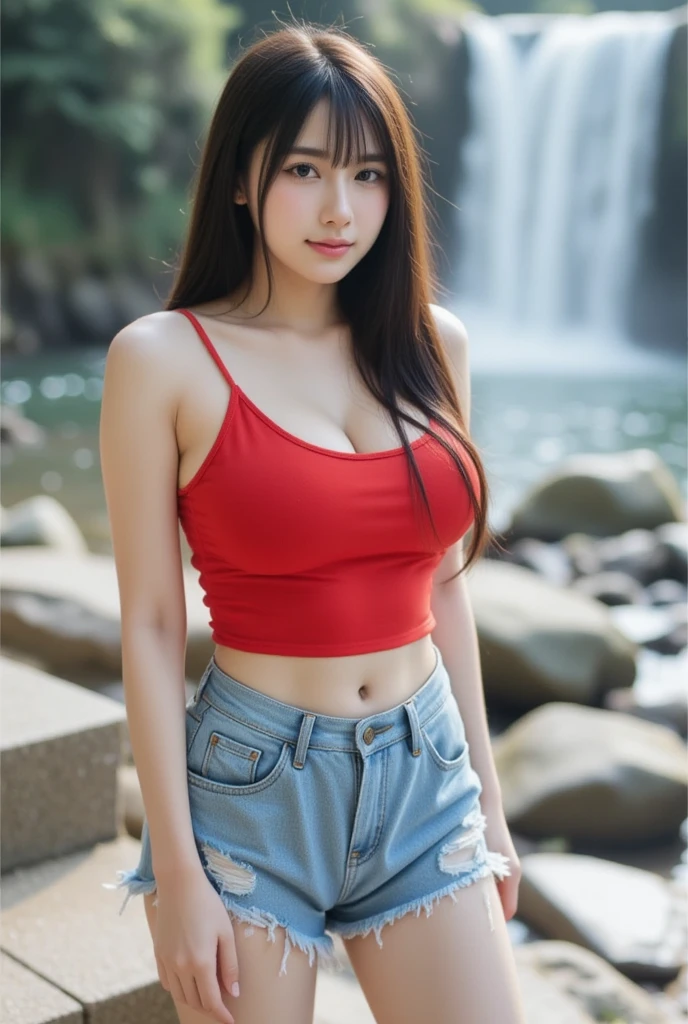((Realistic lighting, Best quality, 8K, Masterpiece: 1.3, very complex and detailed details)), Clear focus: 1.2, 1girl, Perfect Figure: 1.4, Slim Abs: 1.1, ((Black long hair)), (red crop top and tight jean: 1.4), (park: 1.1), Super fine face, Fine eyes, Double eyelids, sagging breasts, Asian goddess, adult and cute girl, perfect dynamic composition,  Realistic proportions, Good anatomy, (realistic,Hyper-realistic:1.37), 16K HD, INFO, cowboy shot.