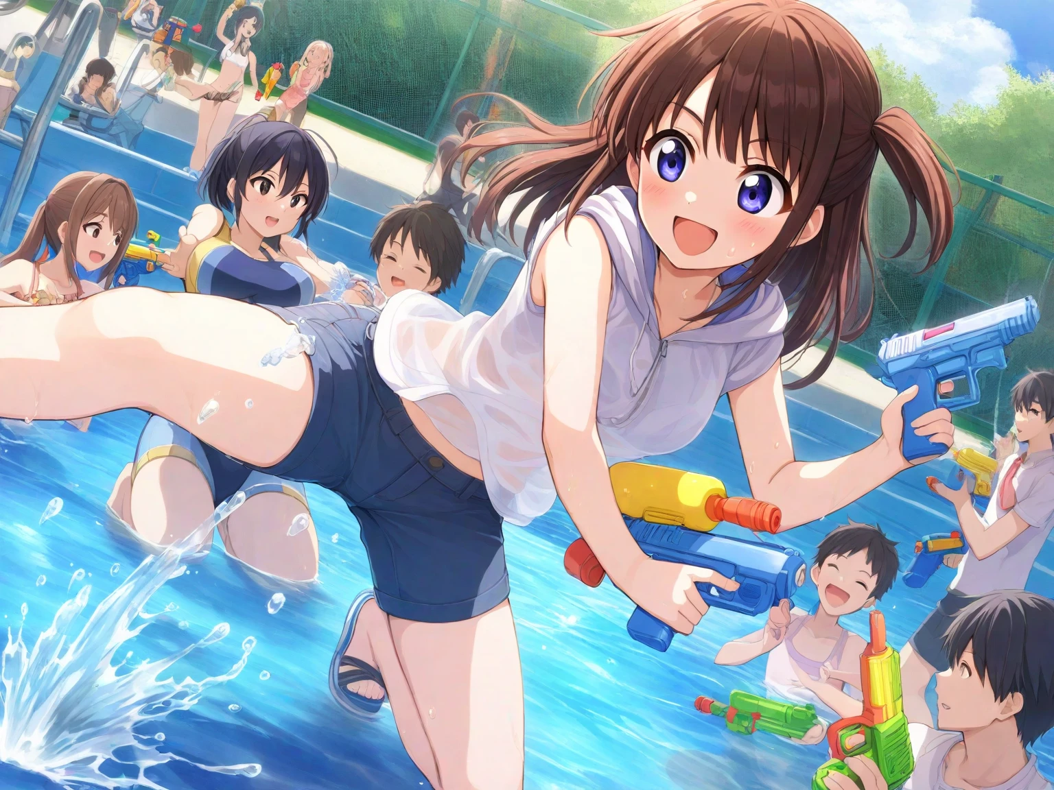 {{{Masterpiece}}}, {{{Highest quality}}}, {{Super detailed}}, Summer wallpaper, 3 girls, 6 years old, (young: 1.8), school swimsuit, bare feet, empty pool, pool, water, outdoor, wet, sky, standing, leaning forward, reflection, wet clothes, water drops, lens flare, holding cleaning brush, wet hair, strong sunlight, round Eyes, droopy eyes, sparkling long brown hair, (cleavage: 0.8), side view