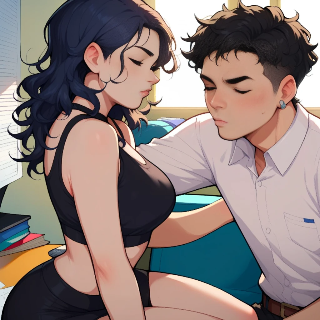 Young girl,with a very beautiful appearance,??????????????, ???? body,black hair tied into a high ponytail with a black elastic band,white eyes, dressed in ???? pajamas,sitting on the couch with his younger brother,????? little brother ?????, they watch cartoons on TV,she shows her little brother her ????, girl with an excited look, the boy smiles and holds his sister by her ?????, are in the apartment