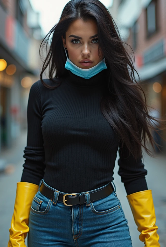 1 beautiful woman, large body, young, braid around forehead, redhead, curly hair, eyes closed, eyelids made up, BLACK SHIRT WITH BLACK HOOD AND SLEEVES, light blue jean pants, HANDS CROSSED, BLACK BAG, asleep, small EARRINGS, ASLEEP WITH MOUTH OPEN, MOUTH OPEN, asleep sitting on the BUS, HEAD thrown IN THE BACKREST.