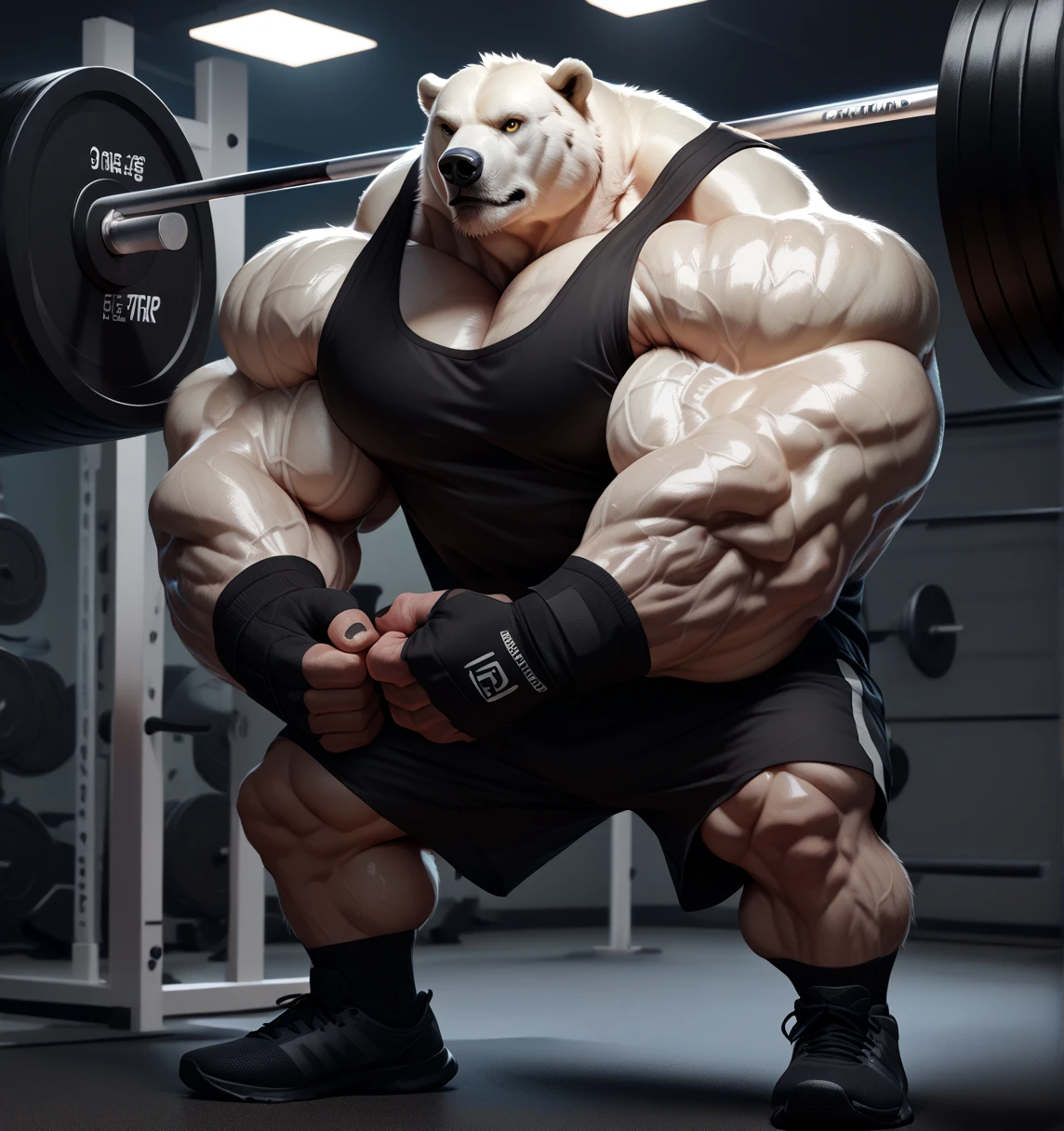 a huge muscular grizzly bear bodybuilder with extremely detailed fur, powerful muscles, black tank top, gym shorts, wristbands, gym shoes, working out in a well-equipped fitness gym with various gym equipment, official art, 4k, high quality, photorealistic, hyperrealistic, extremely detailed, intricate details, flawless anatomy, masterpiece, by Takemoto Arashi, by null-ghost