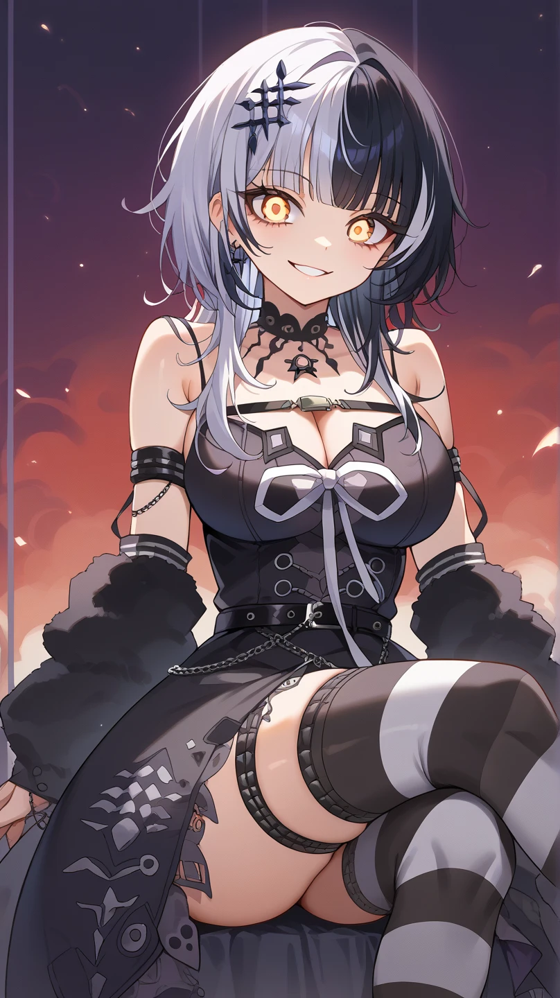 (muste piece), (best quality), (score_9, score_8_up, score_7_up), very detailed eyes, expressive eyes, perfect face, very detailed face, highly detailed face, beautiful girl, 8K, beautiful girl, white background, delicate and beautiful face and eyes, dark intense shadow,
1 girl, vtuber style, cool girl, hololive, sakamata_jirai, red eyes, cleavage, multicolored hair, grey hair, streaked hair, bandaid, hair ornament, smile, black hair, clothing cutout, piercing, braid, fang, frills, cleavage cutout, bow, ear piercing, band-aid hair ornament, collarbone, big chest, cleavage, underpants, cameltoe, big chest, (full body), standing, from below, look down,