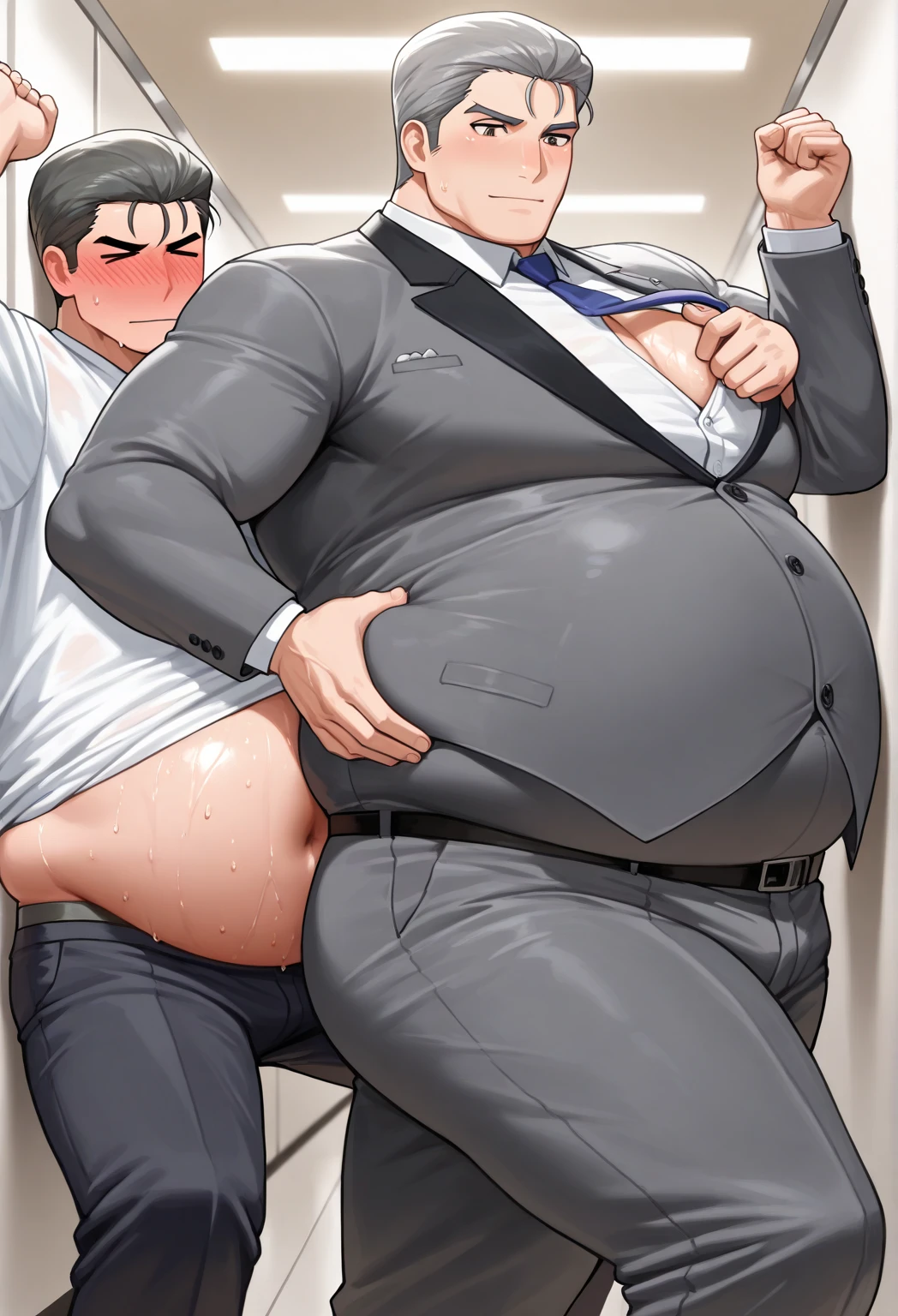 White skin, short, ponytail, Thick eyebrows, Small face, White dress shirt, Red-brown tie, Slightly loose navy blue slacks with a black belt, Black Loafers,  nude, Fucked from behind by a black man, Rape, nsfw, breastfeeding and nipples showing, crying face, pained face, cross-dressing, black hair, puffy cheeks, slacks partially removed to expose her buttocks and then raped, realistic drawing, short stature, empty classroom, incontinence, eyes are black and the man behind her has her arms held, hair is parted at the forehead, slacks are half removed and pulled down to her knees but not completely removed, big nose, long, silky hair, D cup, always wears a dress shirt, easy-to-give-birth type, thighs、Calf、Her upper arms are a little plump, her legs are thin, her ass is big, and a dildo vibrator is inserted in her anus and spinning at high speed.