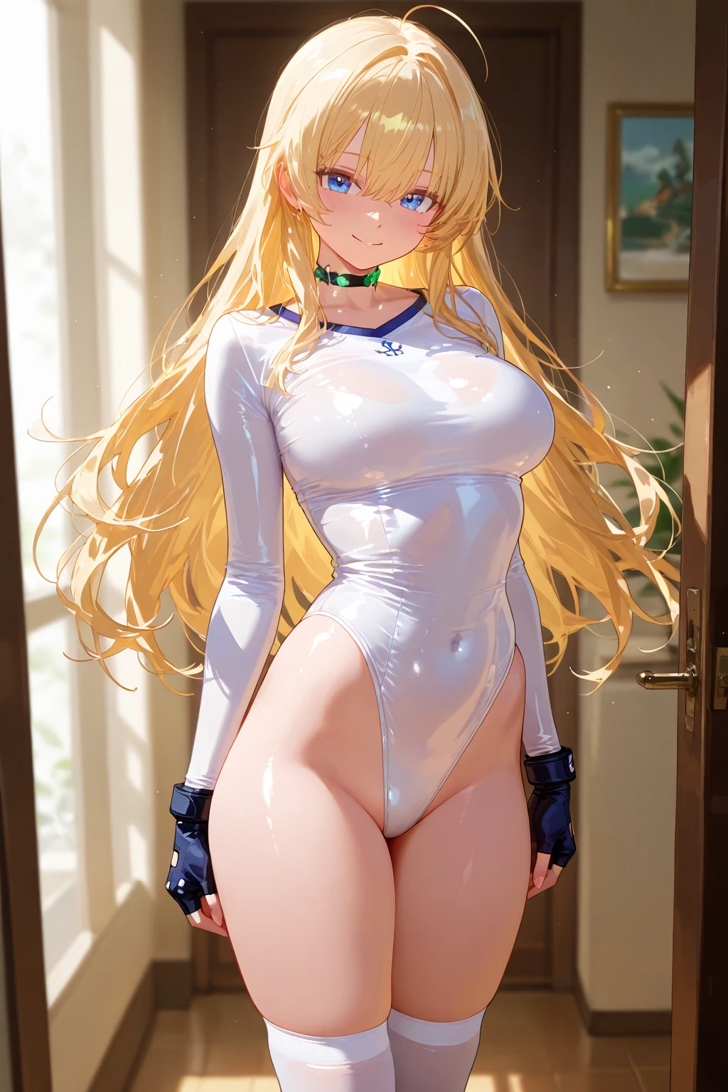 1 girl,Solo,masterpiece、Detailed beautiful face、Detailed beautiful eyes、hight resolution、An ultra-fine illustrations、extremely delicate and beautiful、top-quality、Slender and perfect style woman、(Chiquita),((sexy pose))、(The eyes are detailed and beautiful),Curvaceous、(shinny hair, Glossy eyes,),thighs thighs thighs thighs、Watch your audience、under the boobs、blushed、Blushing cheeks、(darkskinned:1.2),,((a blond、Bun head、Blue eyes)),(Glossy leotard:1.5 ),(White and light colored pantyhose:1.3)、abdominals、The navel is visible
