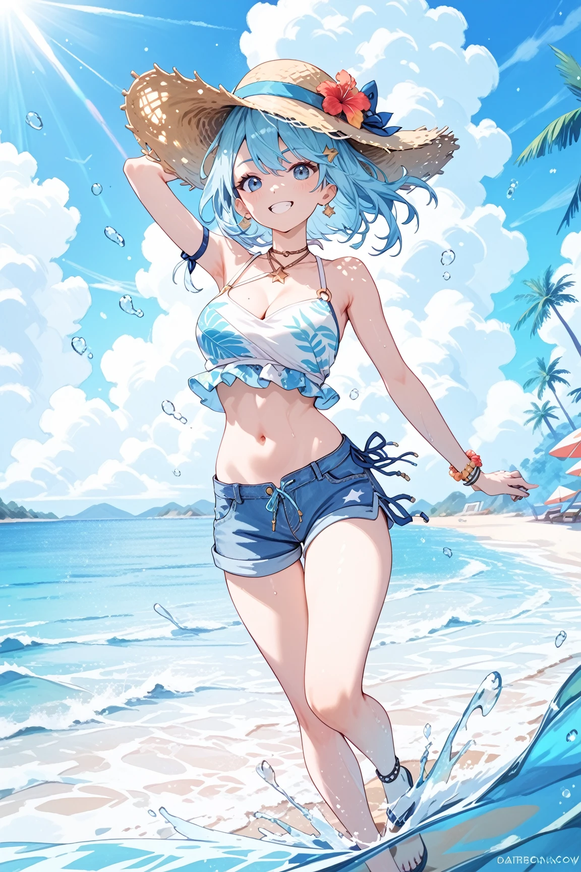 rezeroRem, Rem, blue eyes, Blue Hair, hair ornaments, Hair on one eye, Hair Ribbon, short hair, x hair ornaments,Straw hat,,happy smile, smile, Open your mouth,blush,Red T-shirt,Short sleeve,Bikini swimwear under clothes,barefoot,barefoot,walking,whole bodyがイラストに入るように,
break outdoors, Beach,Sandy Beach,
break looking at viewer, whole body,
break (masterpiece:1.2), Highest quality, High resolution, unity 8k wallpaper, (shape:0.8), (Beautiful attention to detail:1.6), extRemely detailed face, Perfect lighting, extRemely detailed CG, (Perfect hands, Perfect Anatomy),