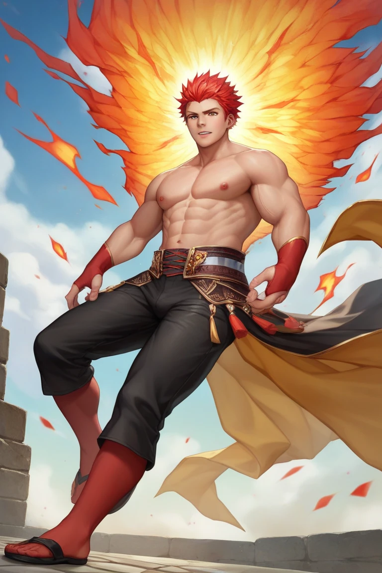 (8k,photorrealistic RAW photograph Maximum quality;1.4) (1 Korean) Super handsome king of the underworld (lifelike face) (Beautiful and stylish orange red hair, medium hair in the wind) slenderbody hairy muscular and virile masculine big green eyes phoenix suit orange lights decoration Fangs peeking out of the mouth Pointed claws a seductive gaze Beautiful expression An attractive hyper-realist (phoenix skin ) super high resolution high detail with just towels fire aura emanating from the body very sexy effect