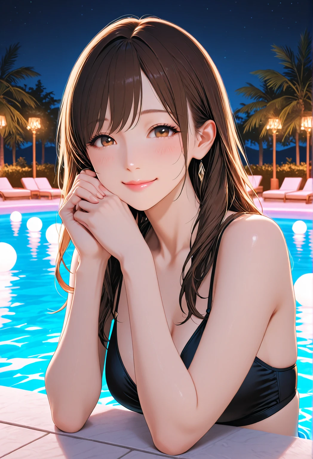 (Masterpiece, top quality, super detailed CG, ultra detailed beautiful face and eyes,super detailed, intricate details:1.2), 8k wallpapers, elaborate features, (1 person, solo:1.4)perfect cartoon illustration, (1 person, solo:1.4), 1 girl, night pool, swimwear, (full body illustration:1.5)