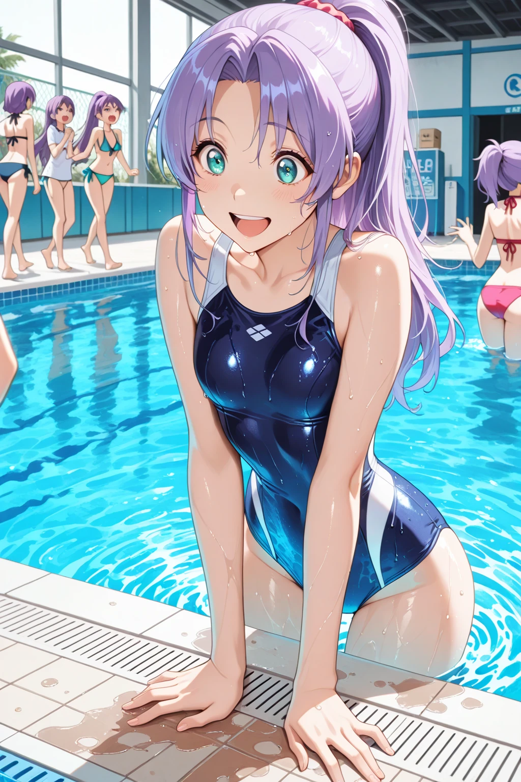 ((Masterpiece)), ((Best Quality)), (Very Detailed), ((Very Detailed)), 4K, (8K), very aesthetic, absurdres highres, Draw male and female participants enjoying a sunny pool party. They are wearing colorful swimsuits and enjoying playing in the pool. With a blue sky and sun in the background, deck chairs and umbrellas line the poolside. Participants are smiling, tossing beach balls to each other, and relaxing on floats. The sun's rays reflect on the water surface, creating a scene full of fun and vibrancy.