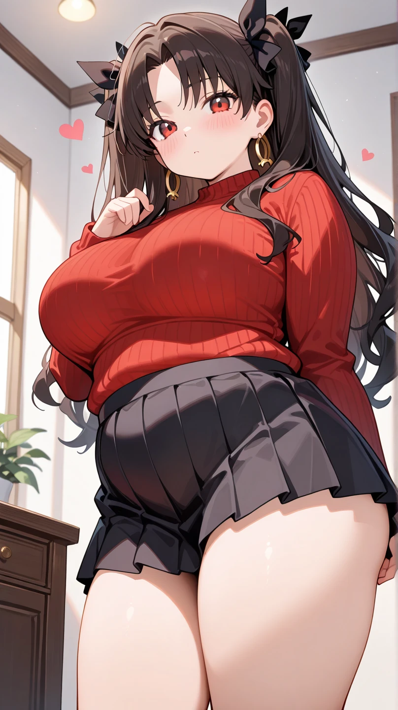 A Beautiful, Very Cute Girl, ((17 years-old)), with (Long Brown Hair), (Beautiful Blue Eyes), Huge Breasts, ((Thick Thighs, Gigantic Thighs, Extremely Oversized Thighs, Enormous Thighs)), Extremely Plump, Curvy, Overwhelmingly Thick, Incredibly wide hips, Extremely Thick Figure. She’s wearing a Cute Black Hoodie, and a ((Short Red Pleated Skirt)). Sitting in a Modern House, with an embarrassed expression, she’s embarrassed because her skirt is a little too short, and her thighs are too overly Huge.
