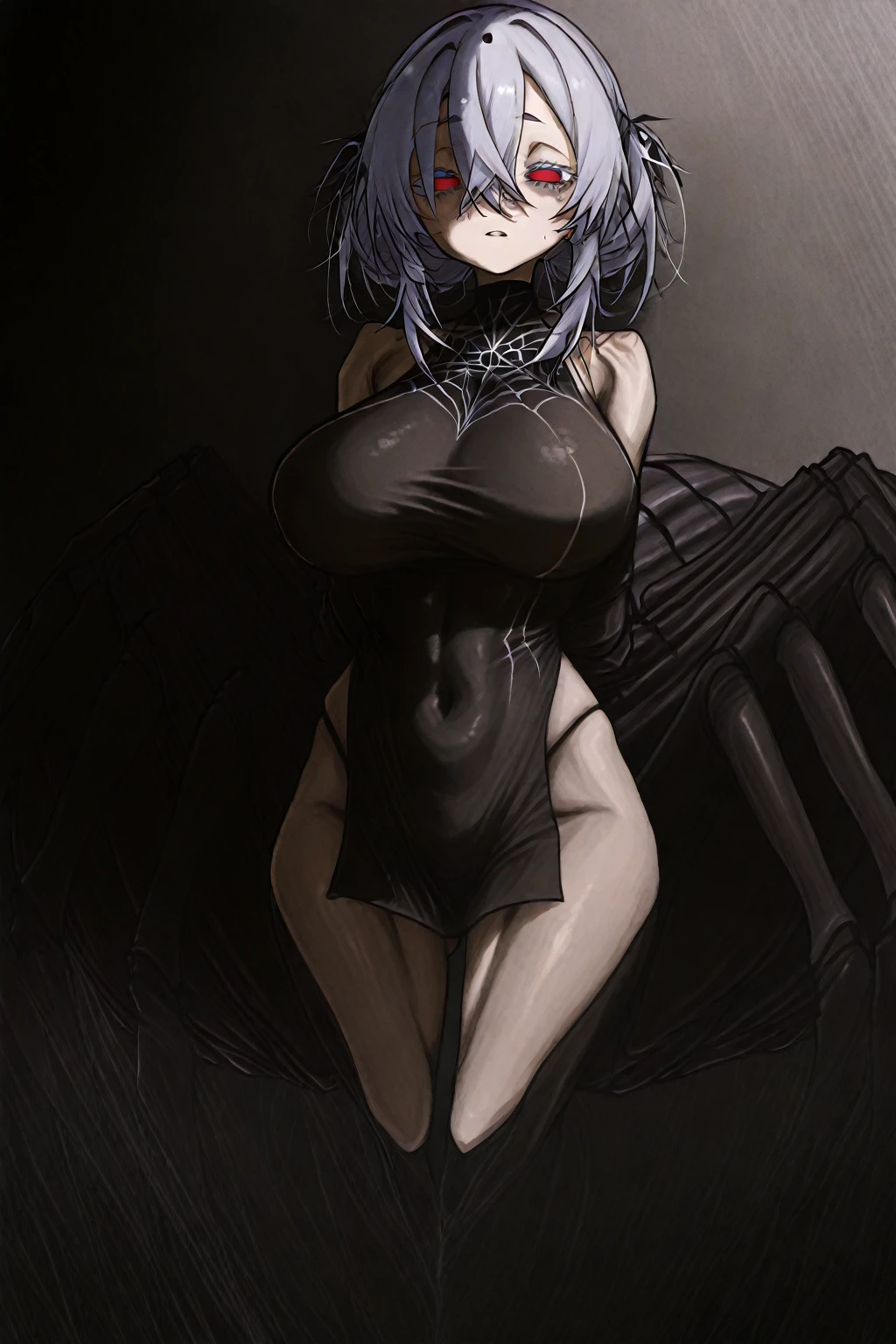 SFW, ((black grey skin Drow)), (gigantic breasts), firm breasts , tall girl, slim waist, curvy figure, arms behind back, (((purple_hair, bob_haircut))), ((red_eyes)), ((lingerie, glasses))