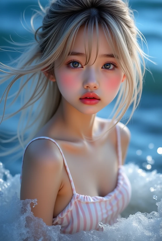 Mastepiece、Highest quality、An illustration、Ultra-detailed、High resolution、8k wallpaper、Perfect dynamic composition、美しい詳細な明るいLight blue eyes、Wearing a swimsuit、Random and cute natural platinum blonde hairstyles、Super Long Hair、Medium Bust、Natural color lip、Beach、very beautiful、big、Shine、Light blue eyes、Very large eyes、Cheek highlighter、small face、Nipples are slightly visible、I ejaculated all over her body、My whole body is wet with sperm、