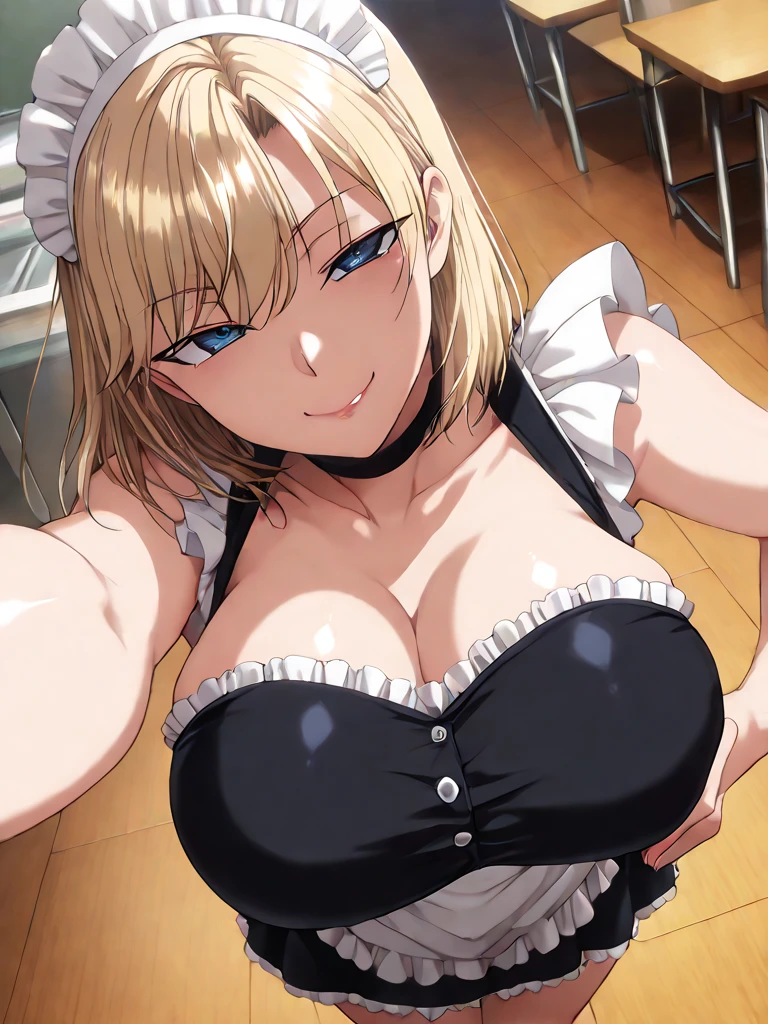 1 female,12 years old,blonde,(, (big breasts), , natural smile,,,(((leaning forward)))
