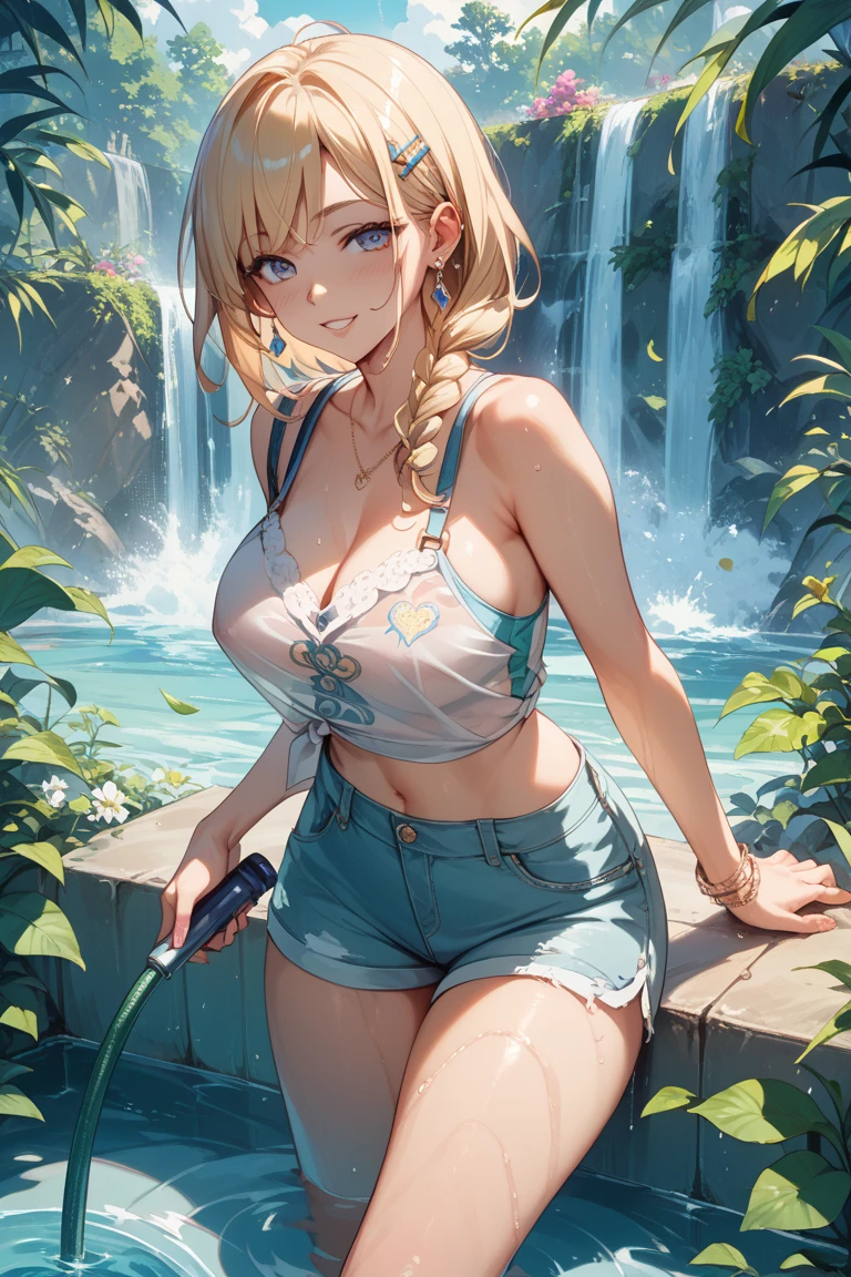 Best quality, masterpiece, ultra high res, detailed background, realistic, 1girl, solo, female, muscular, mature female, Straight hair, yellowish blonde, medium length, hair strands hanging on the right side of face, makeup, eye shadow, standing on a rock, legs open, showing panties, seductive scene, white sticky swimsuit outfit, wet breasts, open mouth, serious face, sexy beak, beautiful eyes, well done, blue eyes (clear), bright knots eyes, erotic expression, forest, waterfall, real shadow and light, depth of field, huge large breasts, torn clothes, torn bra, uderboob, looking at the viewer, strong wind in the face, strong wind in the hair, loose hair, Miku Nakano, Konosuba, sweaty, wet, sexy, flushed, embarrassed, moaning, ((very sweaty)) ((the body is dripping wet)) ((wet thighs)), ((spreading thighs)), no mistakes, well detailed, extremely well done, eyes well drawn, eyes well made, face well drawn, ((no art error)), elf ear, ((torn clothes, part breasts))