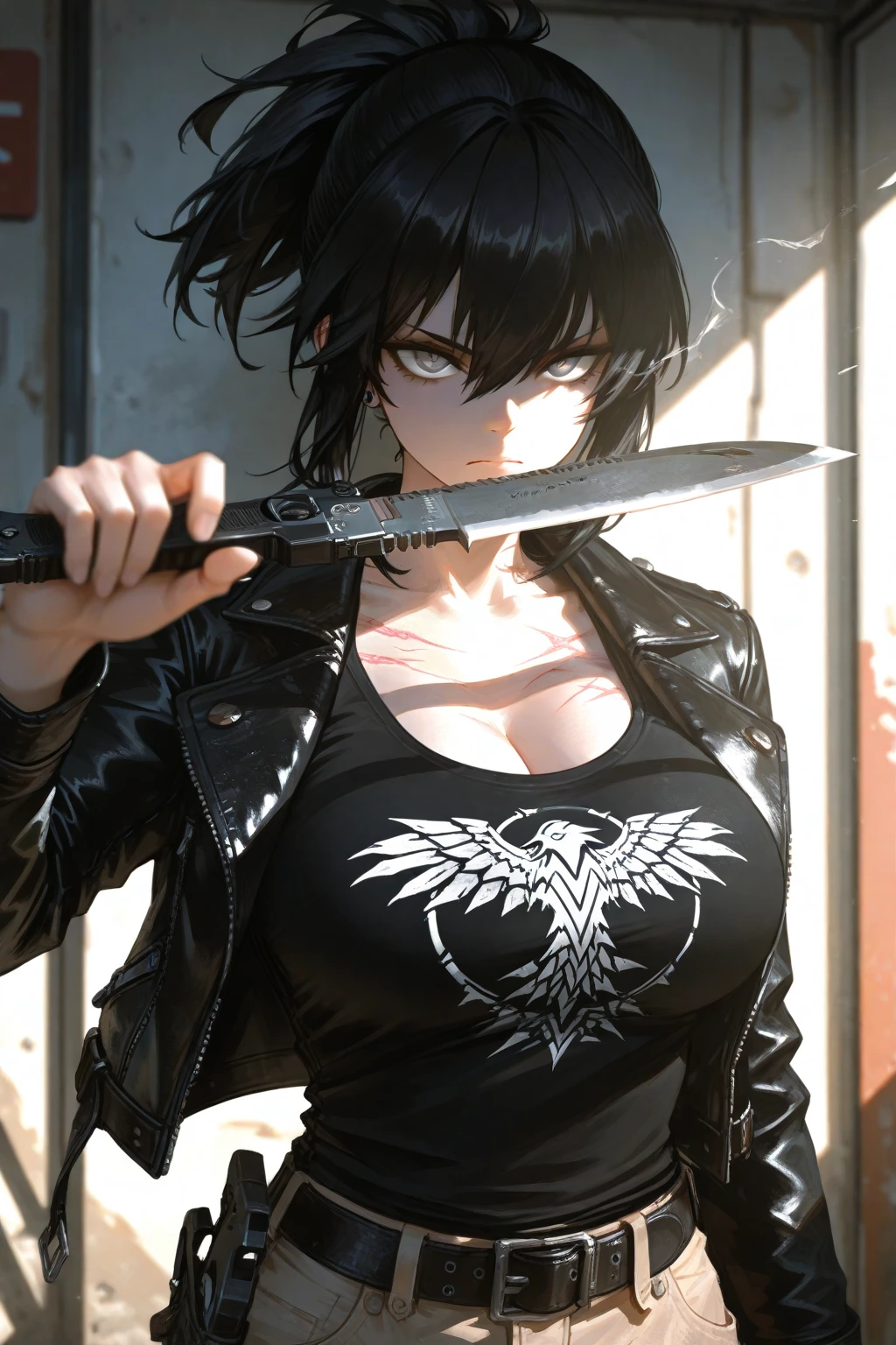 score_9、score_8_up、score_7_up、Monochrome ink、One girl、decision、Tomboy、Black jacket、Tight jeans、chain、Fighting Pose、Dynamic Background、slim、thin、Large Breasts、masterpiece、Detailed face